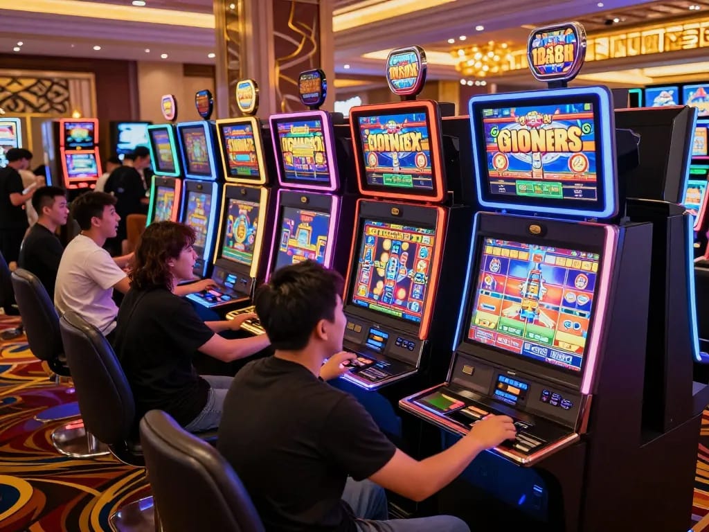 Players celebrating wins while playing mb88slot at colorful slot machines in a bustling casino.