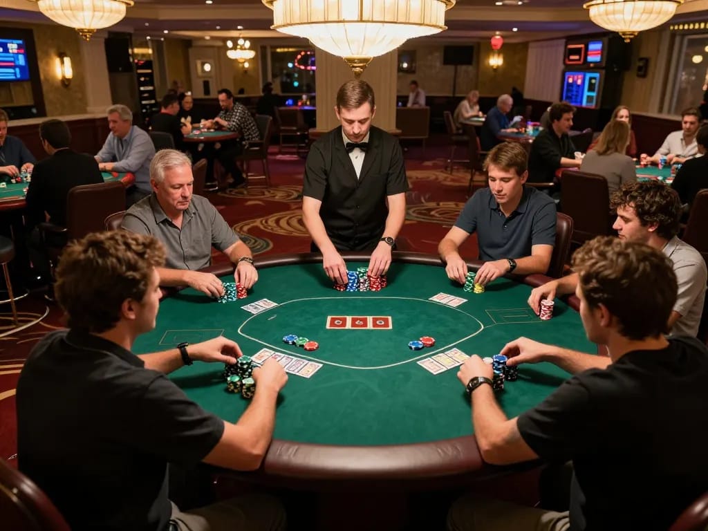 Players strategizing during an intense F8bet poker game at a vibrant casino table