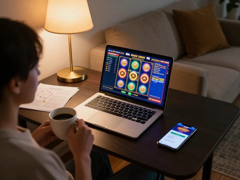 Playing online slots for bonus new member 100 with vibrant games displayed on laptop.