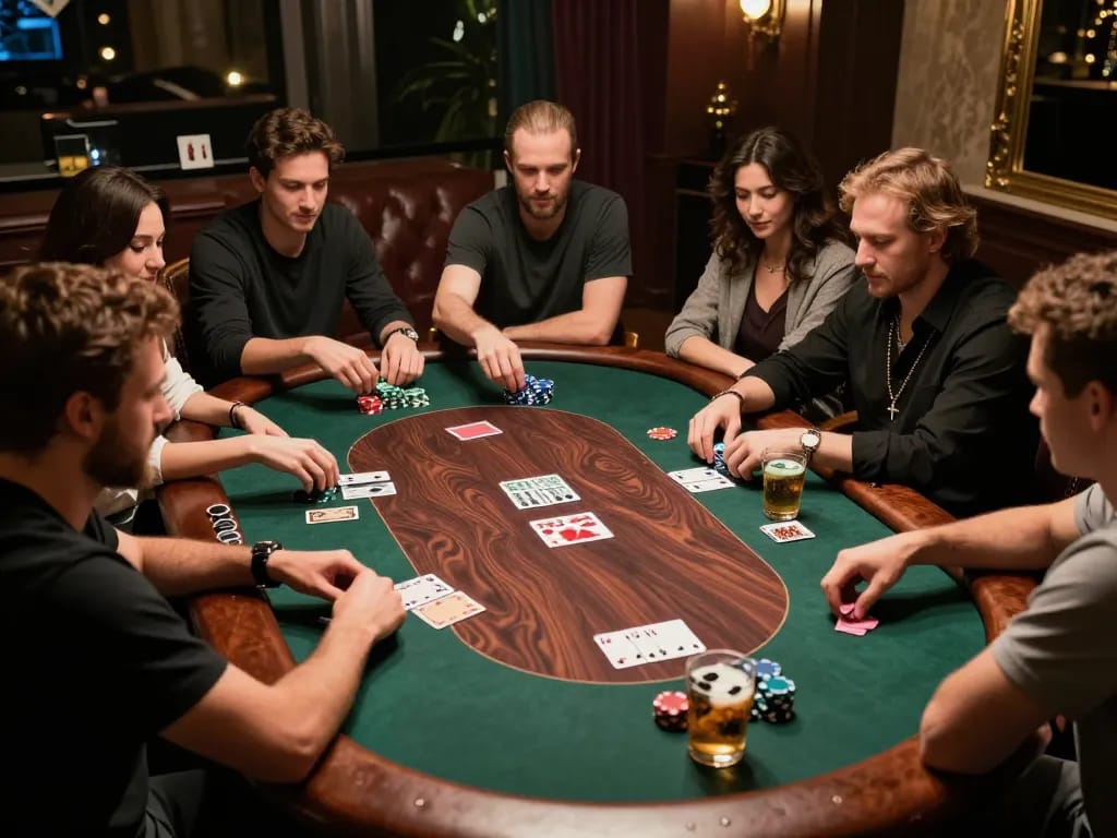 Friends playing poker with IDC88JOKER chips, enjoying a competitive gaming night