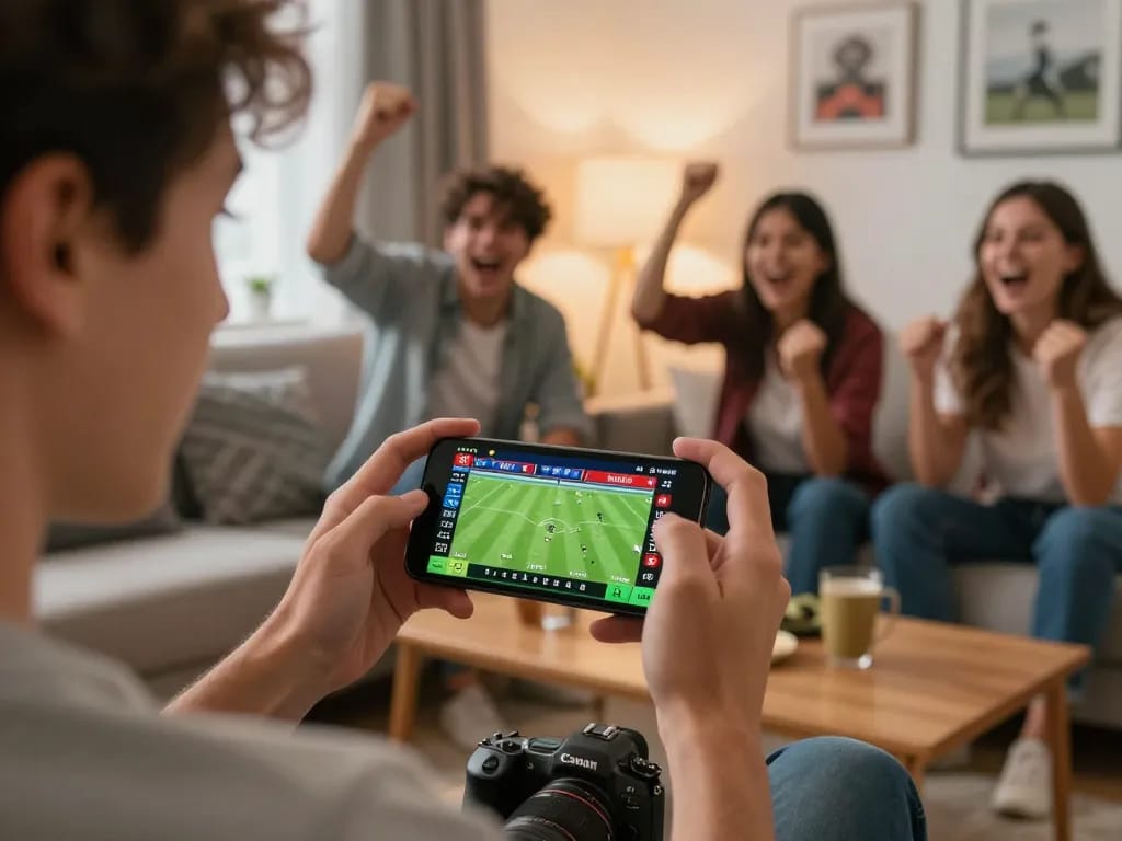 Engaging scene of xem bóng đá trực tuyến kèo nhà cái on a smartphone, illustrating the excitement of live sports betting.