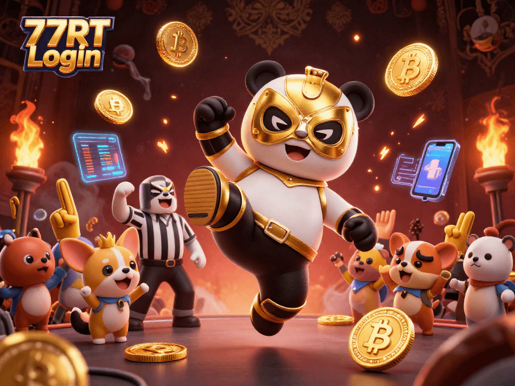 Experience thrilling action with 77RT Login featuring dynamic characters in a lively casino scene.