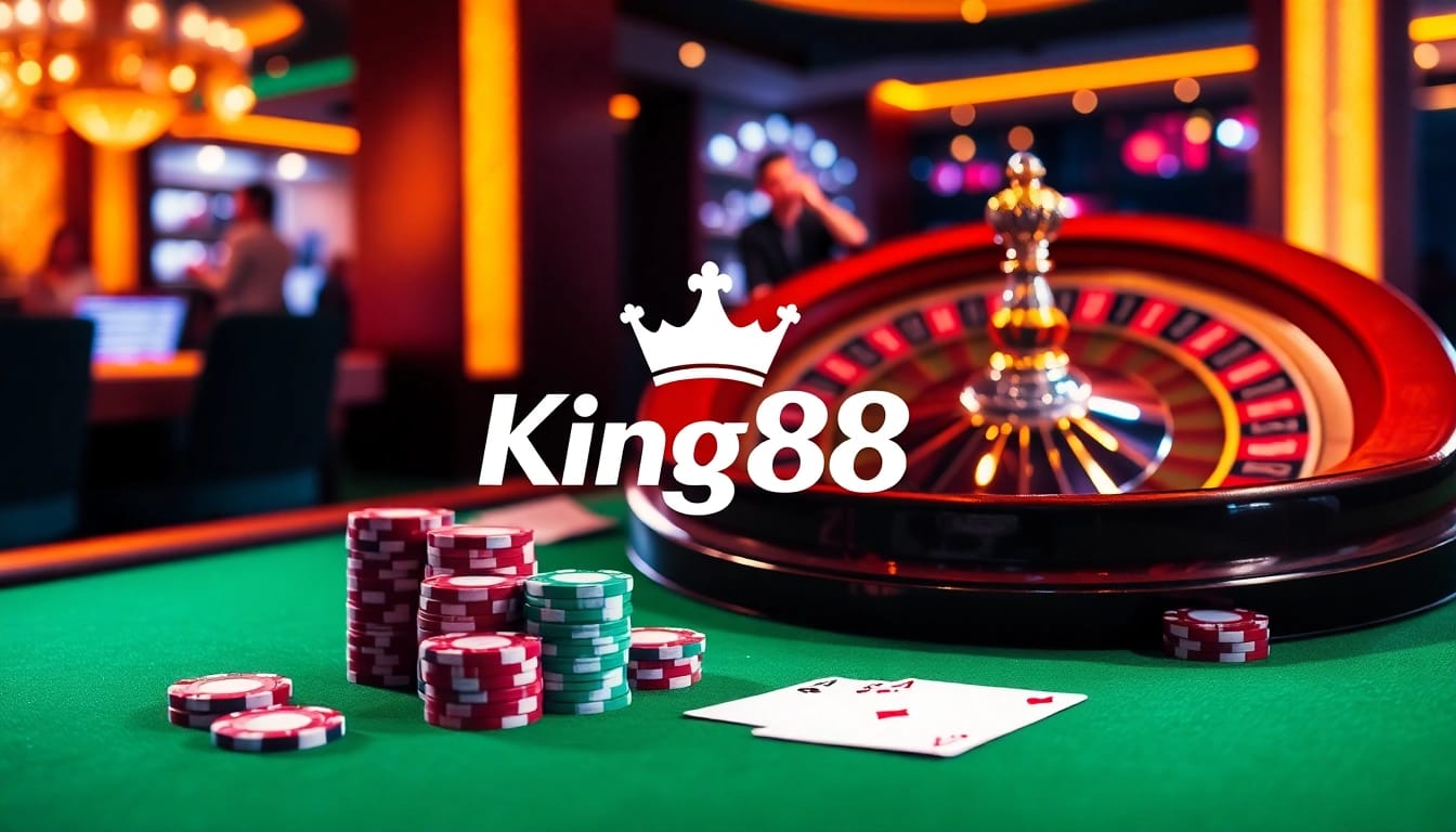 Enjoying a thrilling game at King88 casino, highlighted by a spinning roulette wheel and vibrant poker chips.