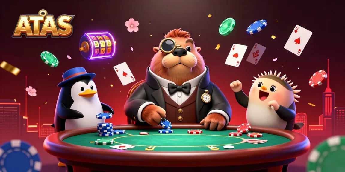Engage with ATAS Casino's vibrant atmosphere, featuring a jolly walrus, poker dealer, and player in action.