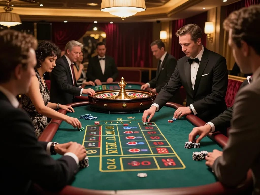 SC 88 players placing bets at an upscale roulette table in a vibrant casino atmosphere
