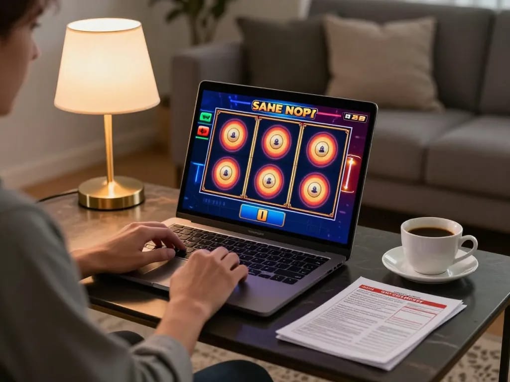 Seorang individu bermain permainan slot online aman788 di laptop di ruang tamu yang nyaman, menunjukkan permainan yang strategis.