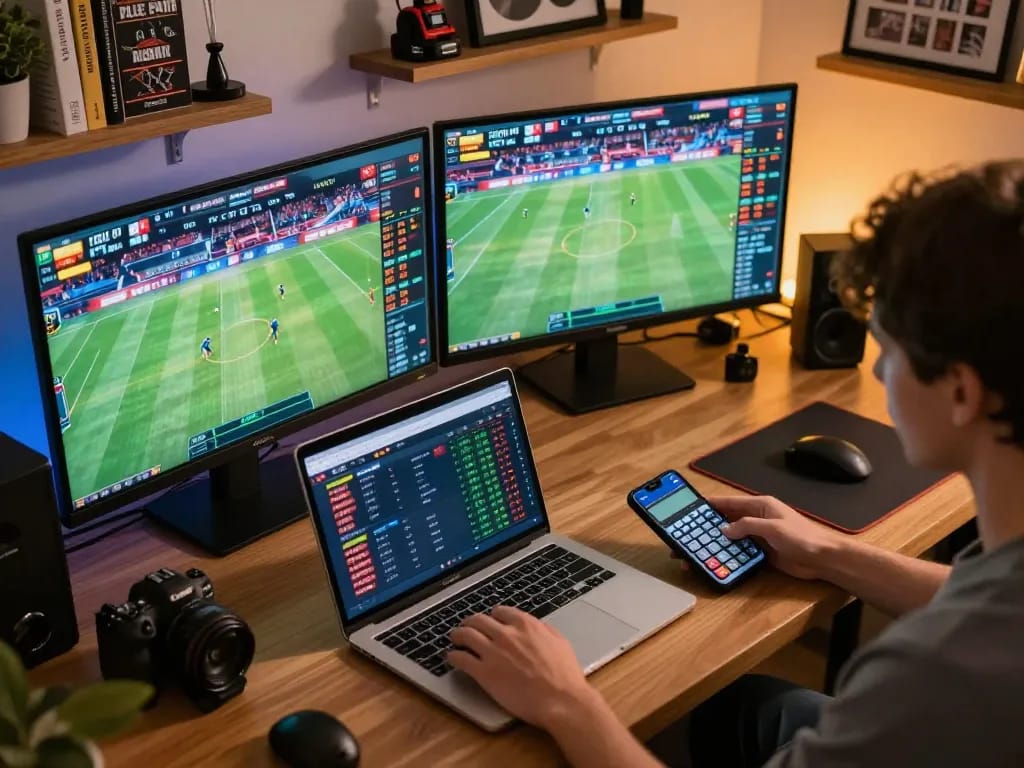Engaging in online betting on LGOSUPER, calculating odds while watching live sports matches on multiple screens.