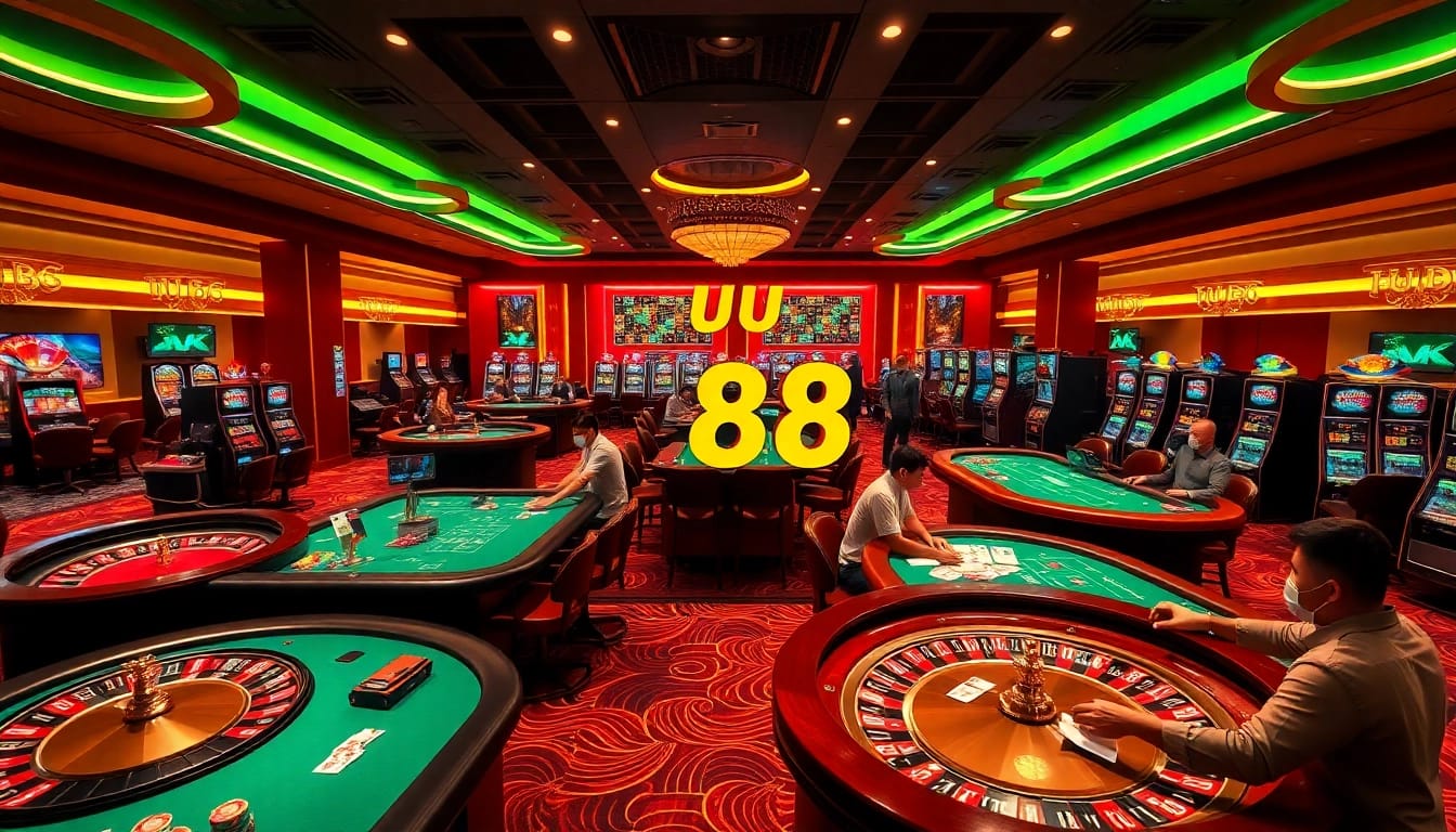 Experience thrilling online betting at uu 88 with vibrant casino visuals of poker and roulette.
