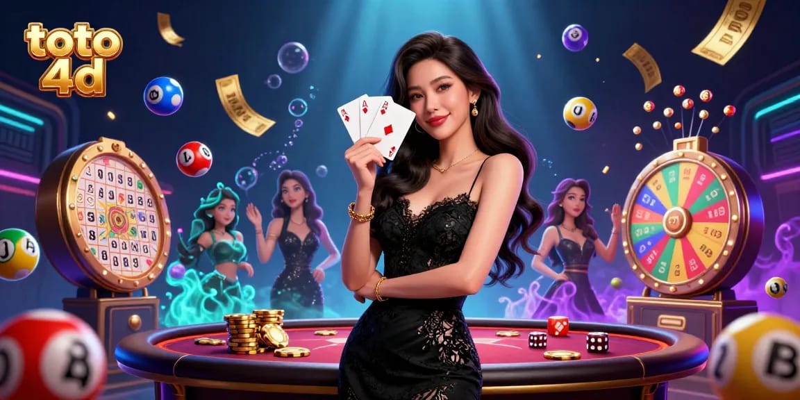 Rayakan kemenangan dengan toto 4d, saat seorang wanita elegan memegang kartu permainan di tengah elemen lotere yang cerah.
