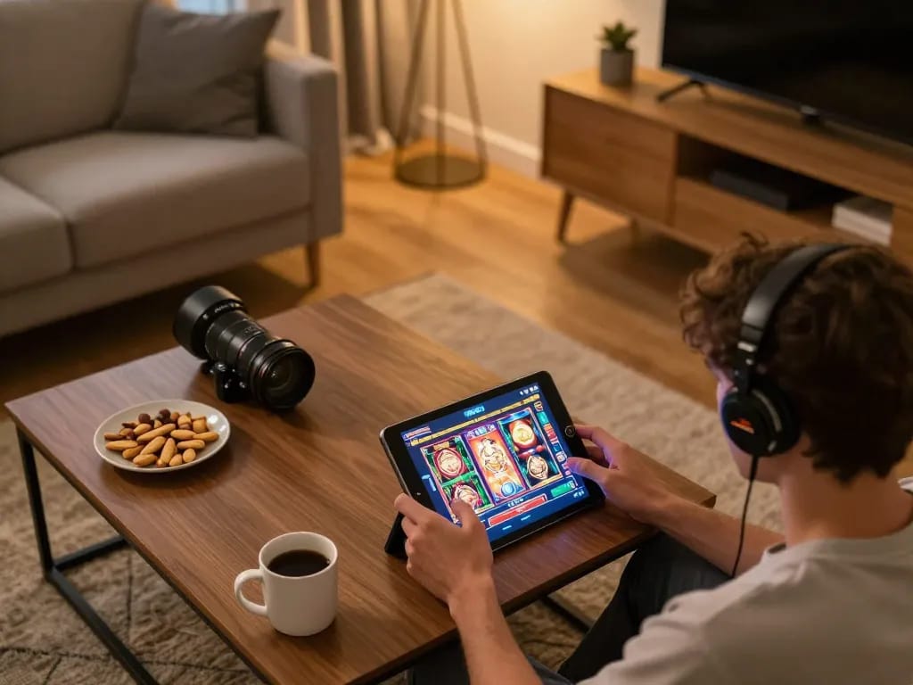 IDCASH88 player enjoying a festive online slot game on a tablet in a cozy living room.