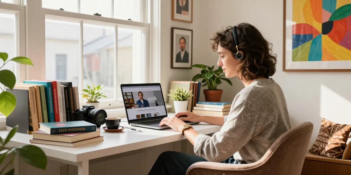 Scena tentang personal branding yang menampilkan individu di ruang kerja menginspirasi dengan laptop dan buku-buku, menggunakan kata kunci halte4d dengan tepat.