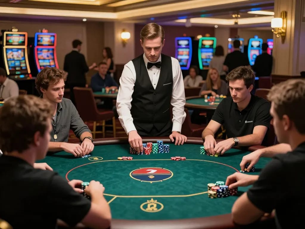 MPOID poker players strategizing bets in a luxurious casino setting, excitement palpable.
