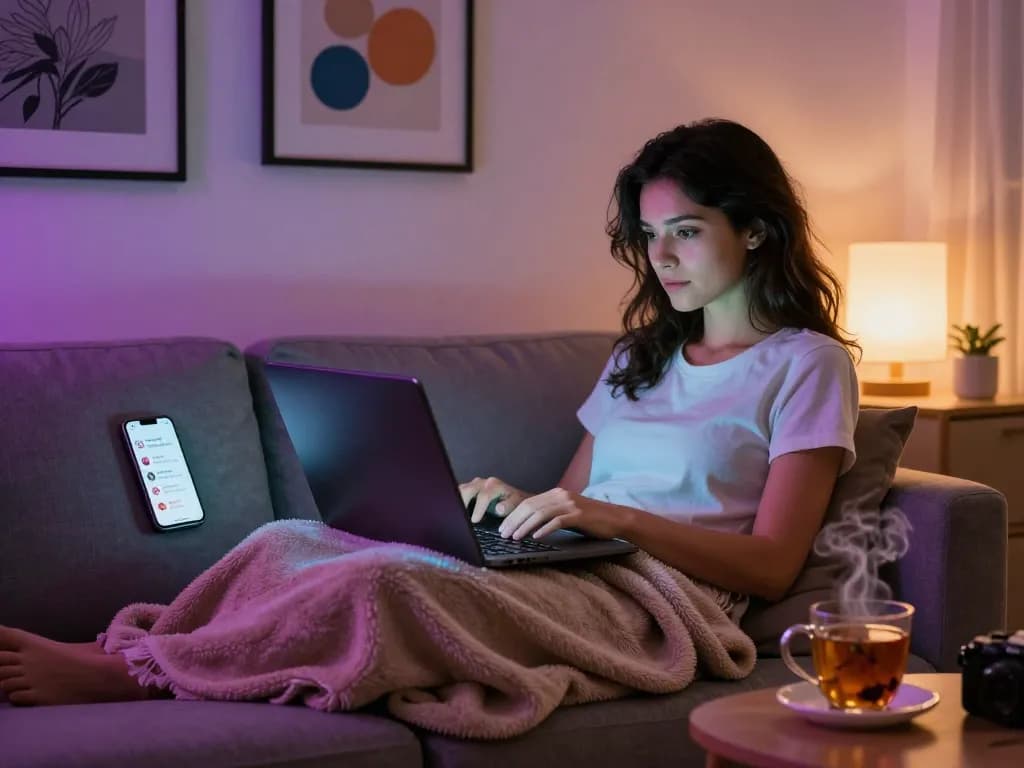 Engaging in ai sex chat on a cozy sofa with playful interactions and inviting atmosphere.