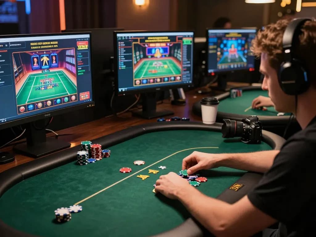 Player using 789 poker setup at a desktop, placing virtual chips strategically.