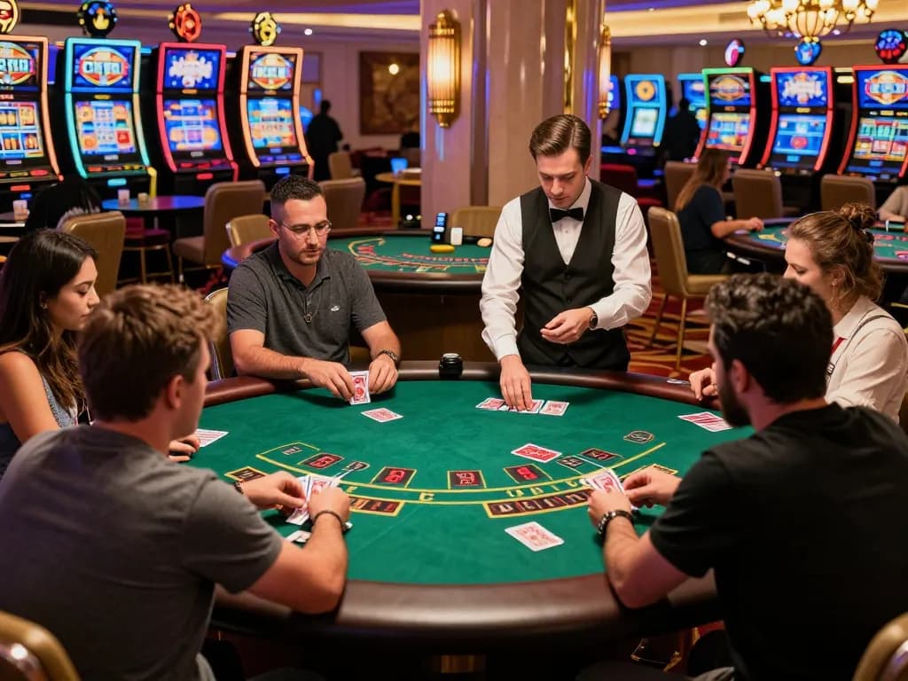Players at the SC88 blackjack table strategizing their bets in a dynamic Vegas casino.