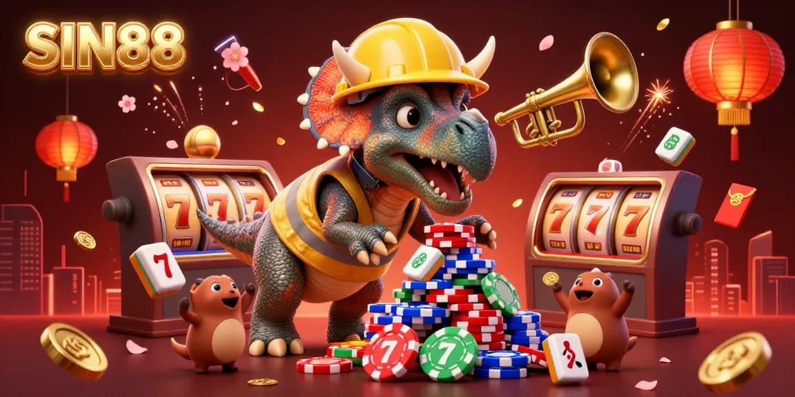 SIN88 brings excitement to the casino scene with a vibrant 3D illustration of characters celebrating amidst slot games and festive decorations.
