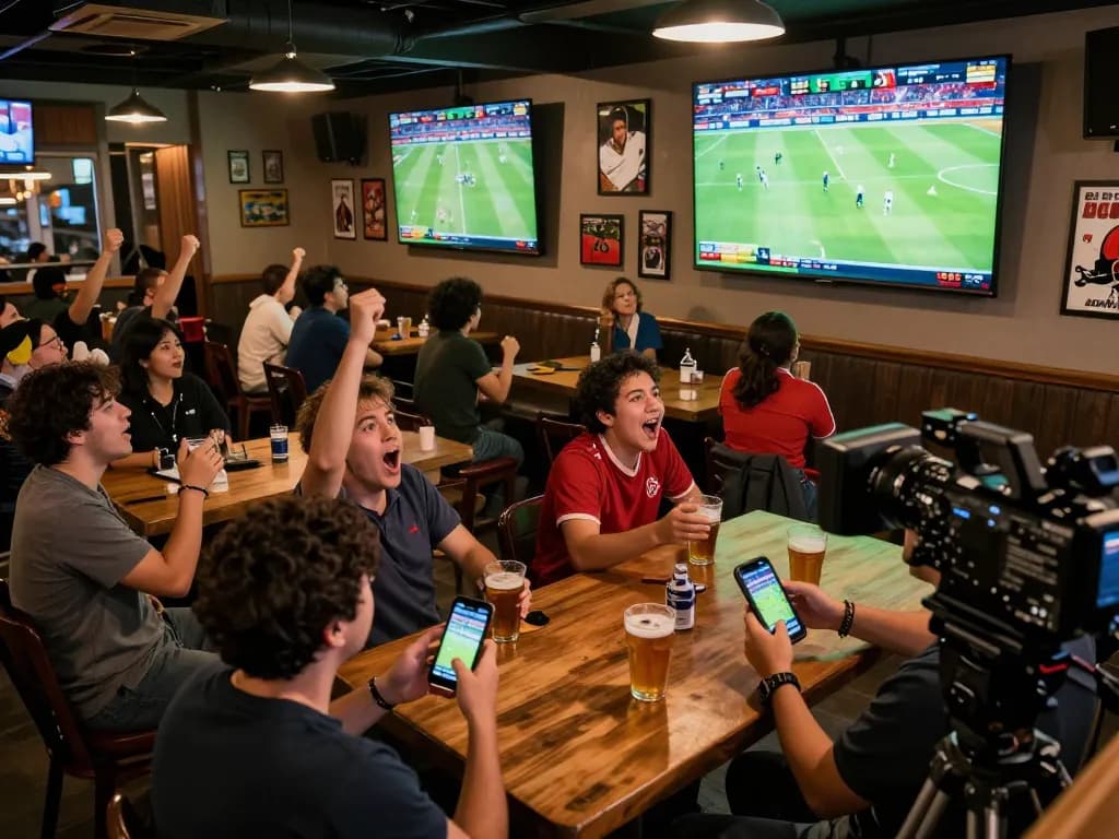 Engaged fans celebrating Trực tiếp bóng đá CakhiaTV in a lively sports bar with live match screens.