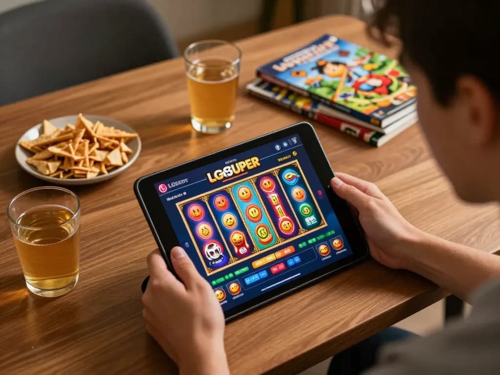 Engaging in LGOSUPER online slots on a tablet with cozy snacks around.