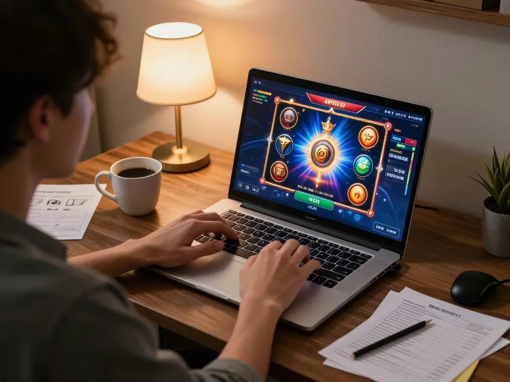 Engaged player exploring MPOID online game on laptop, showcasing dynamic slot game interface.