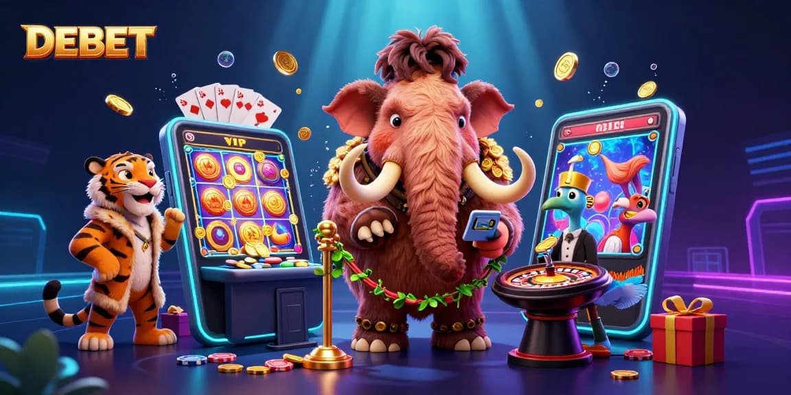 Engaging DEBET casino scene with a woolly mammoth bouncer checking IDs amid vibrant gaming elements.