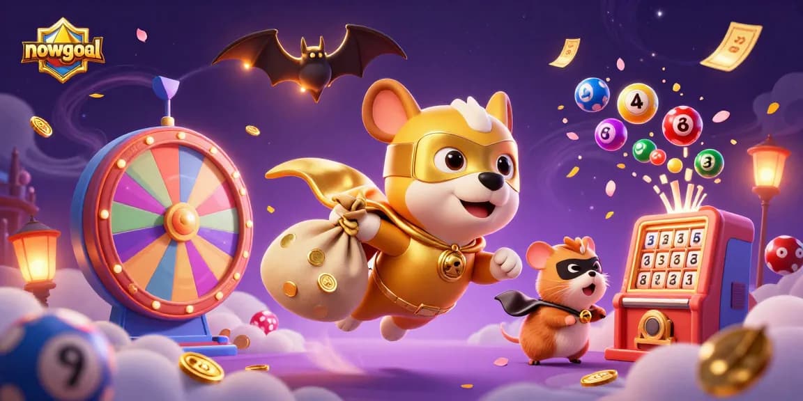 Win big with nowgoal's vibrant gaming scene featuring a superhero dog and exciting lottery elements.