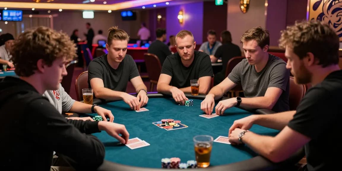 Suasana bermain poker88 di kasino dengan teman-teman, kartu dan chip di meja, atmosfer menyenangkan.