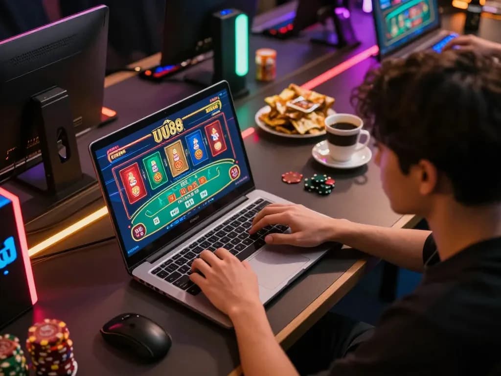 Engaging player accessing dynamic UU88 online poker game on laptop, showcasing home gaming excitement.