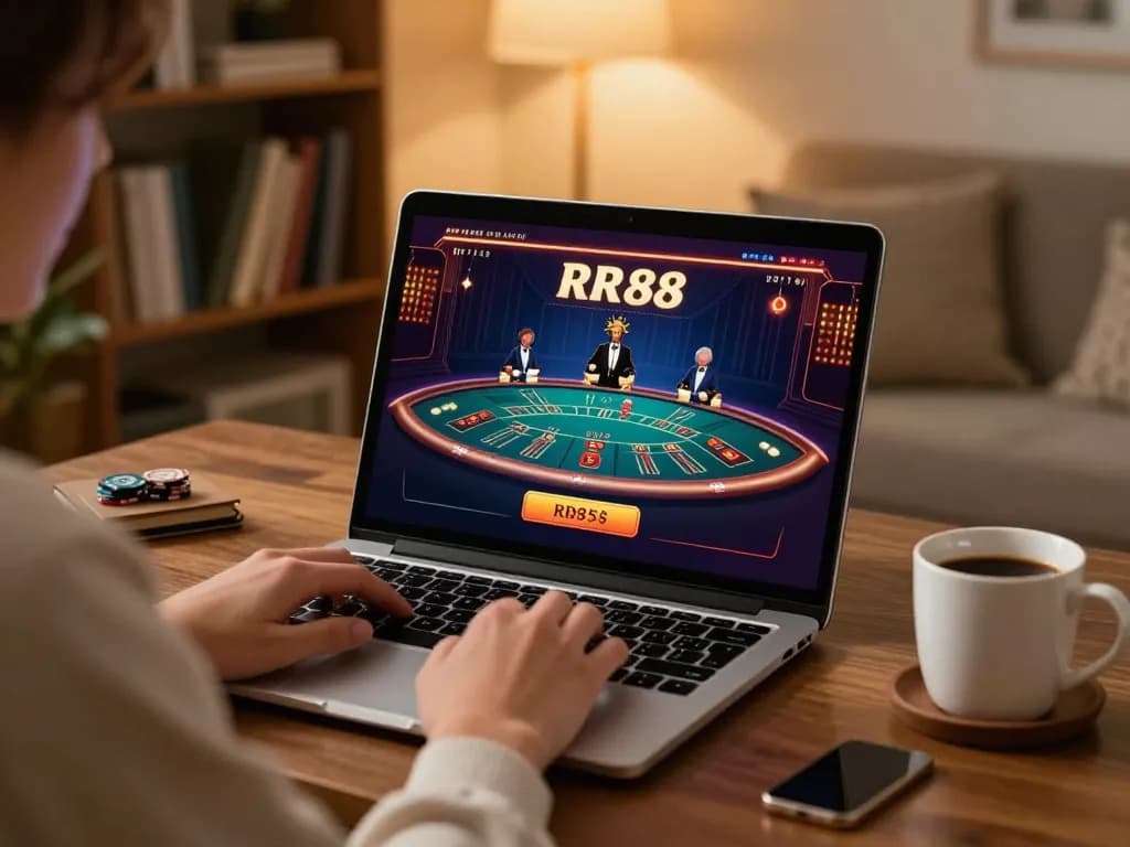 Player engages with RR88 live dealer blackjack at home, showcasing strategic gaming in a cozy environment.