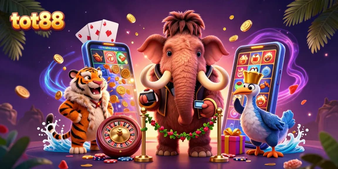 Experience the vibrant scene at tot88 casino with a woolly mammoth bouncer and VIP saber-tooth guest.