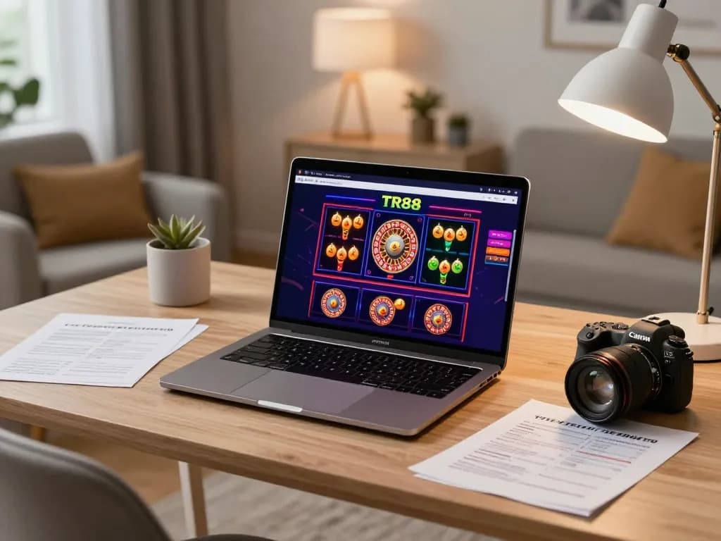 Engaging gameplay at TR88 casino on a sleek laptop in a cozy home setting.