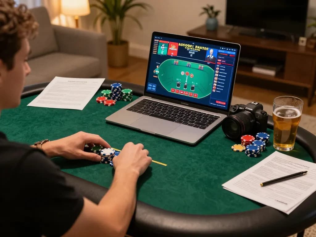 Engaging poker gameplay scene on a laptop, showcasing megaplus88 strategies in a cozy home setting.