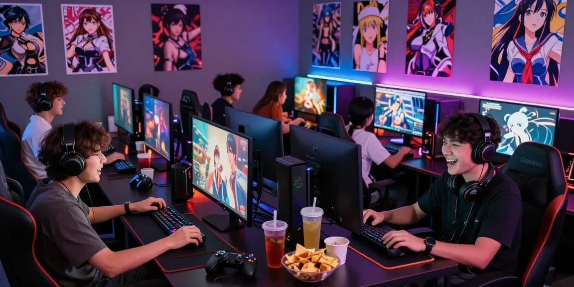 Players enjoying an ecchi game together online with vibrant gaming setups and anime backgrounds.