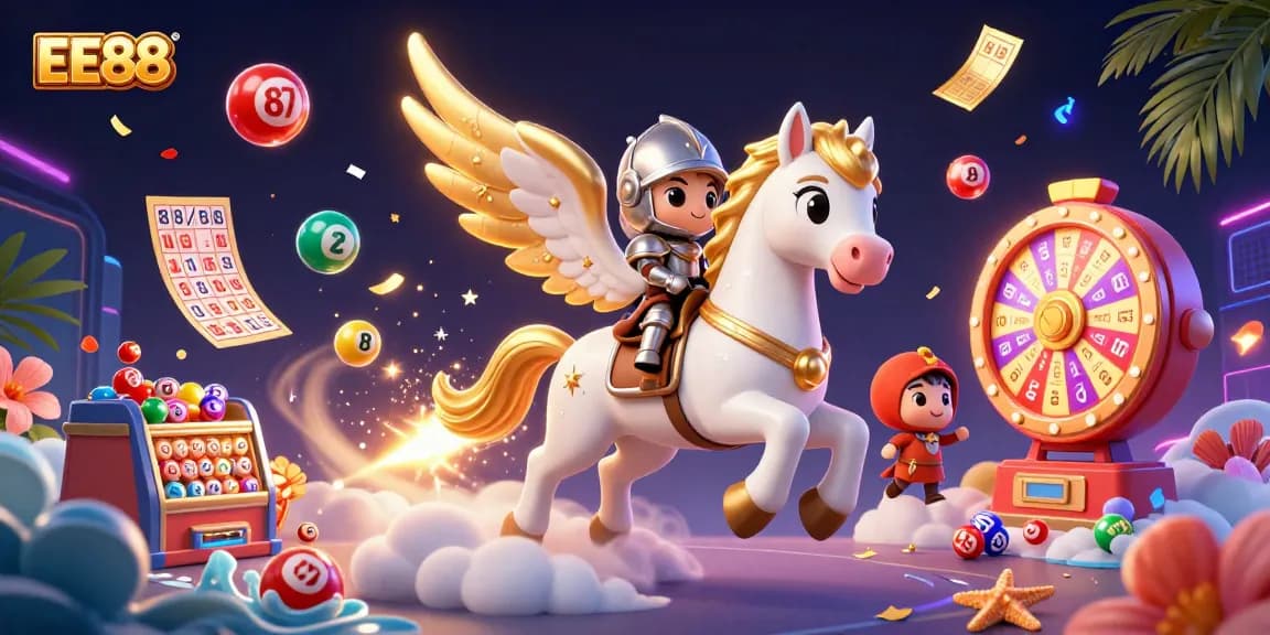 Experience the EE88 thrill with colorful lottery elements and a heroic knight in an exciting casino adventure.