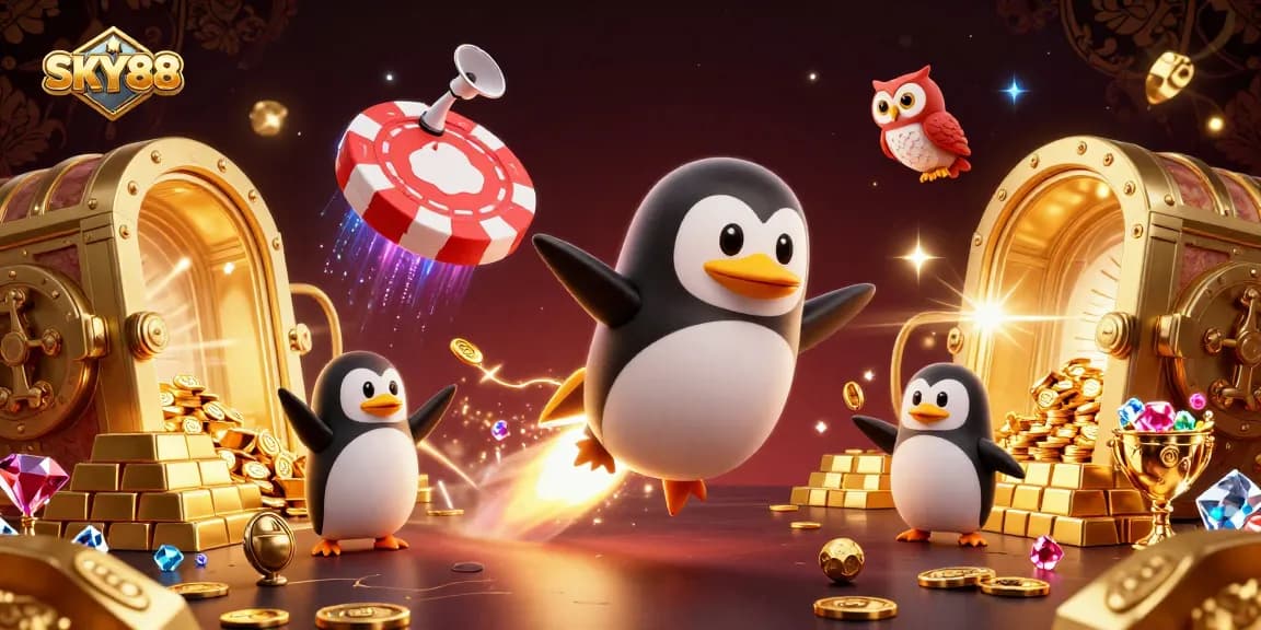 SKY88 offers an exciting scene with a golden penguin flying to a casino space station surrounded by riches.