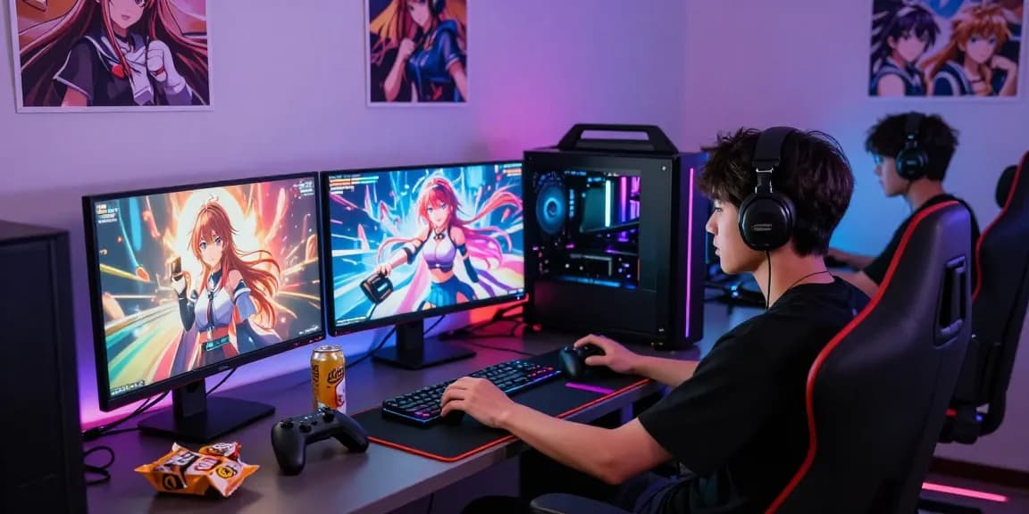 Gamer enjoying hentai games on multiple monitors in vibrant gaming setup, showcasing immersive experience.