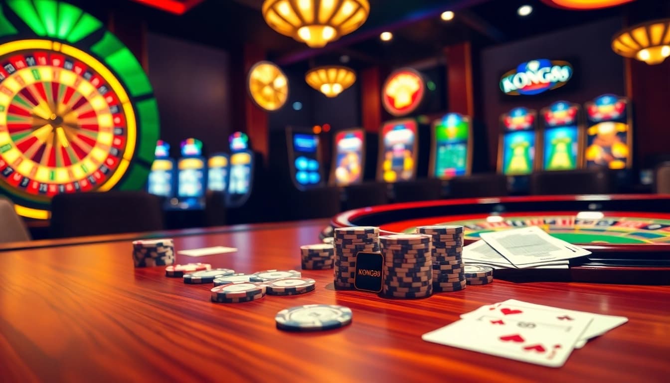 Experience thrilling gaming with KONG88 at a luxurious casino table full of poker chips and cards.