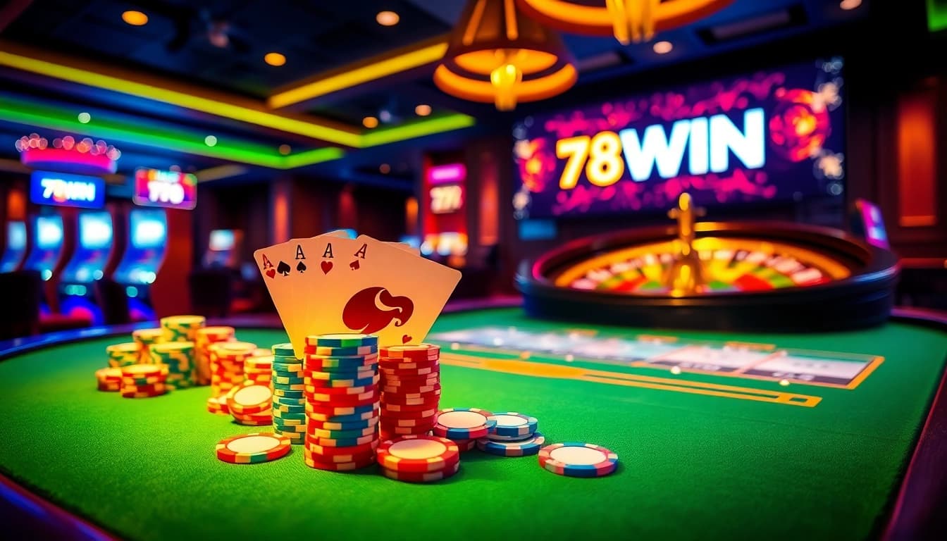 Enjoy thrilling poker action at 78WIN's vibrant casino with colorful chips and a roulette wheel.