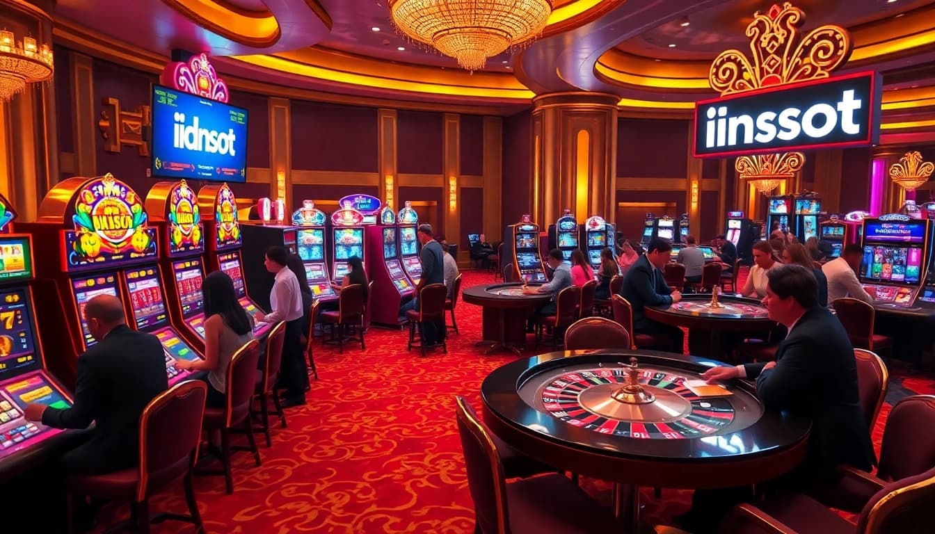 Experience the excitement of idnslot in a vibrant casino scene filled with slot machines and poker tables.