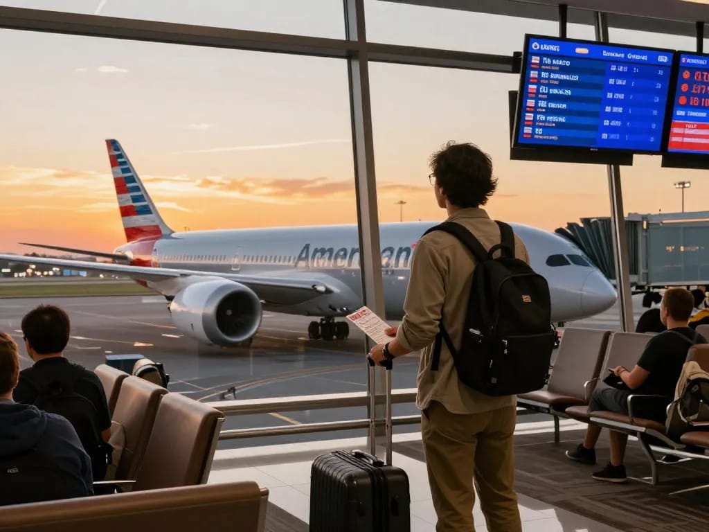 Traveler at airport ready to board American Airlines Boeing 787P during sunset