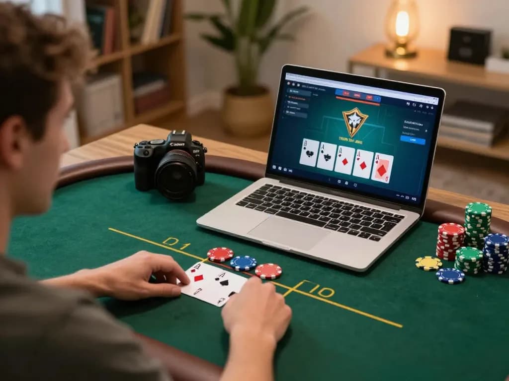 Engaged player utilizing rik vip platform while preparing poker strategies online in a stylish home setting.