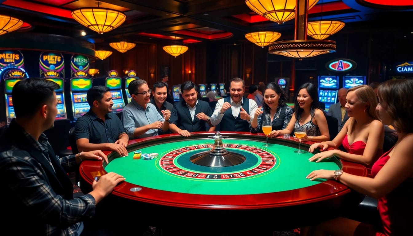 KJC LGBT players celebrating at a high-stakes casino table with vibrant chips and roulette.
