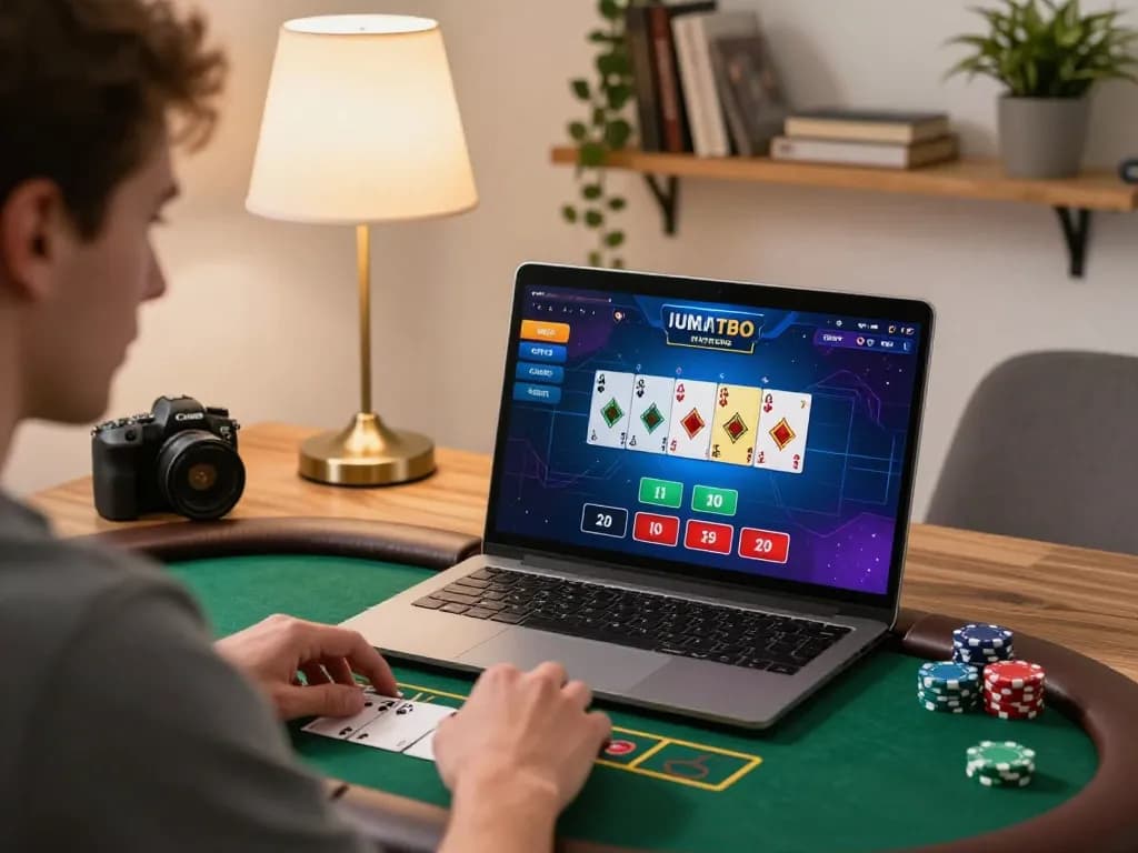 Engaging online poker gameplay on laptop with LGOSUPER interface showcasing vibrant cards and chips.