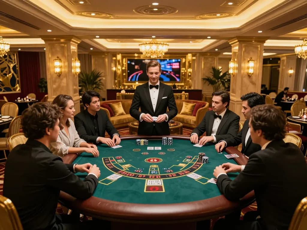 Players strategically betting at a blackjack table in a luxurious casino at 88xx.