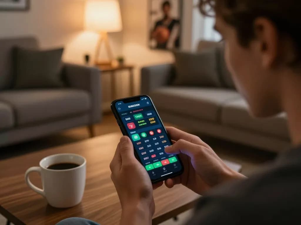 Betting on NEGO77 sportsbook app from a cozy home, showcasing live odds and engagement.