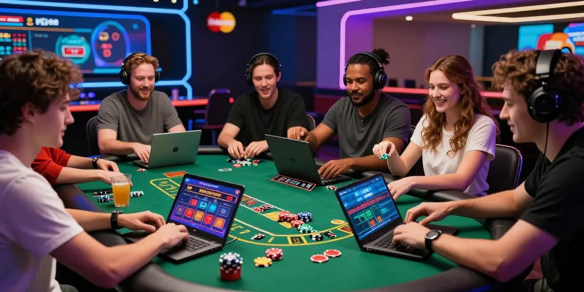 Excited players enjoying credit card casinos at a virtual blackjack table in a vibrant online setting.