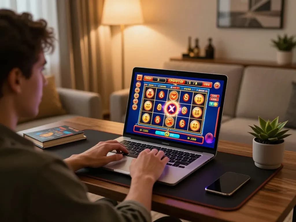 100vip player enjoying an online slot game in a stylish home setup, emphasizing fun and responsible gaming.