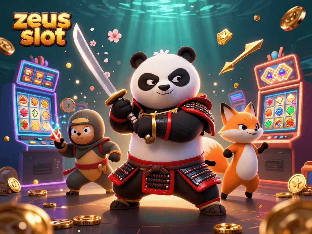 Experience the excitement of zeus slot with a dynamic, colorful gaming scene featuring vibrant slot machines and engaging characters.