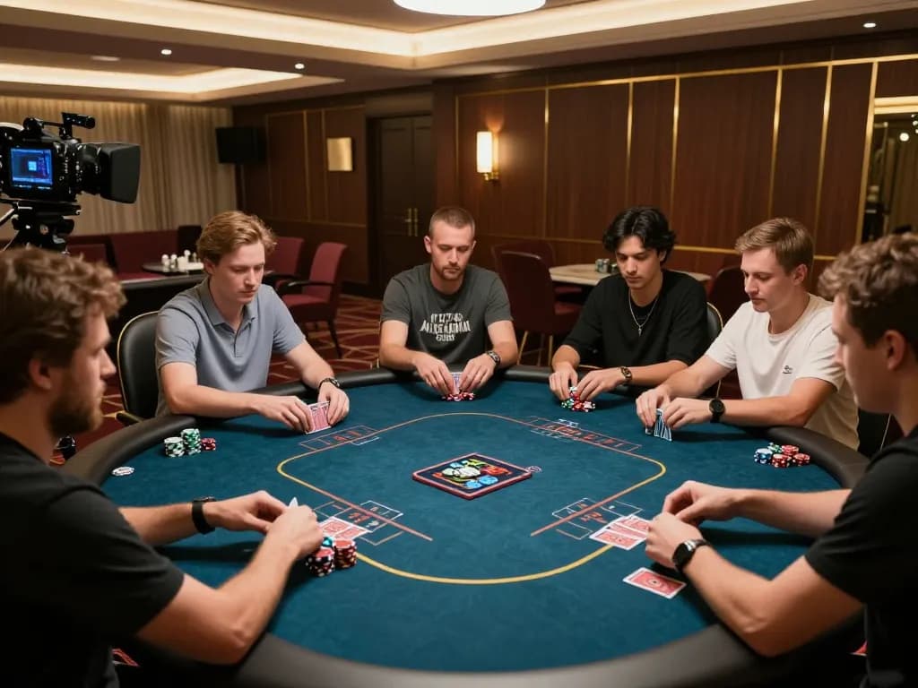 Rajabet123 players strategizing during a high-stakes poker game in a luxurious casino.