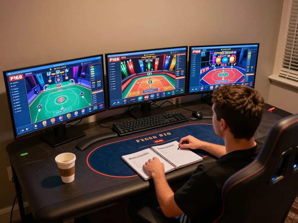 Playing online casino games at F168 with multiple screens showcasing betting opportunities