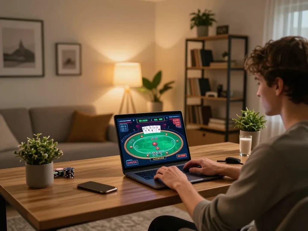 Engaged gambler enjoying online poker on a laptop at home, featuring okwin interface in use.